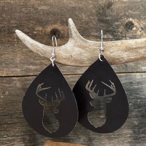 Deer head faux leather teardrop earrings